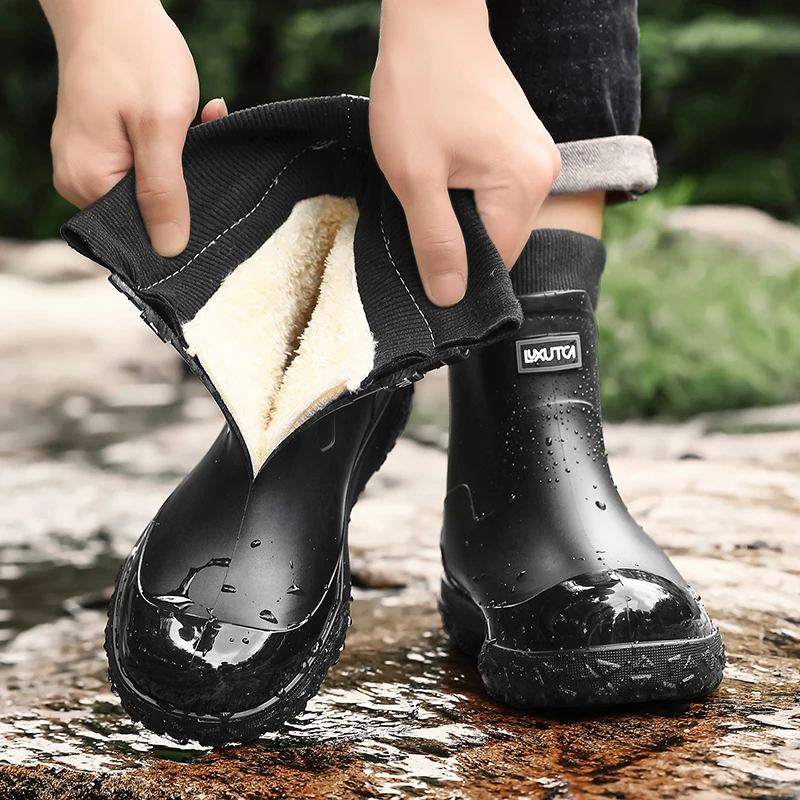 Fishing Socks - รองเท้าบูทกันน้ำสำหรับผู้ชายในฤดูหนาว บุด้วยผ้าฟลีซ พร้อมขอบถุงเท้ากันหนาว รองเท้าบูทกันลื่นสำหรับกิจกรรมกลางแจ้ง สวน ตกปลา