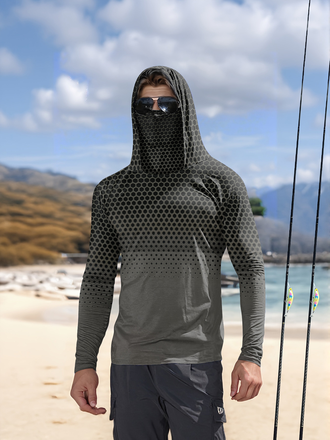 Fishing Mask Sun Protection - เสื้อฮู้ดตกปลาสำหรับผู้ชายฤดูร้อน UPF50+ พร้อมหน้ากากปิดหน้า สีเทา ลายรังผึ้ง แห้งเร็ว