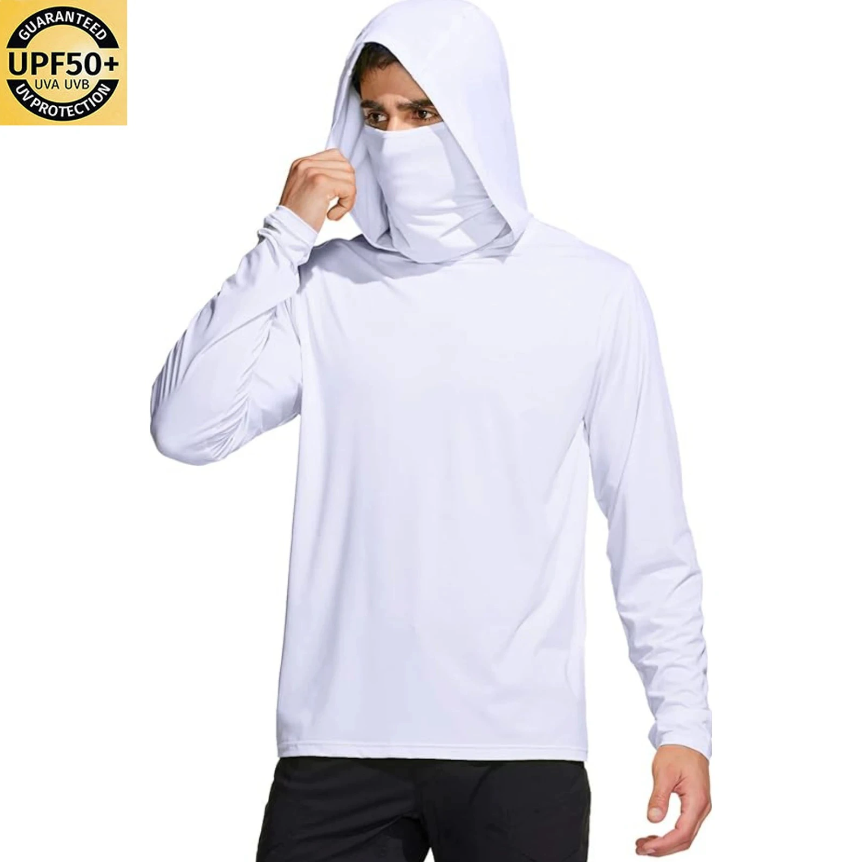 Fishing Mask Sun Protection - เสื้อตกปลาผู้ชายสีพื้นพร้อมฮู้ด หน้ากากปิดหน้าในตัว ป้องกันรังสียูวี UPF50+ แห้งเร็ว แขนยาว