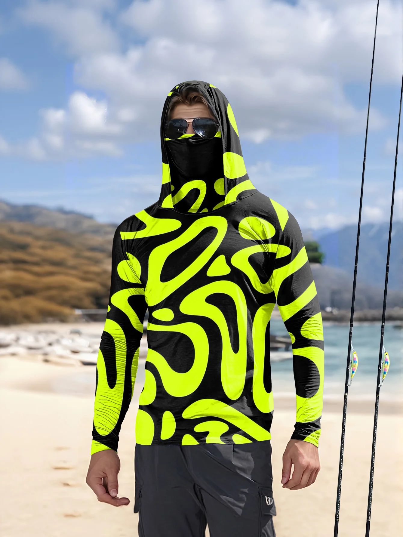 Fishing Mask Sun Protection - เสื้อเชิ้ตตกปลาสำหรับผู้ชาย ลายพิมพ์นามธรรมสีเขียวสะท้อนแสง พร้อมฮู้ดและหน้ากากป้องกันรังสียูวี แขนยาว แห้งเร็ว เหมาะสำหรับกิจกรรมกลางแจ้ง